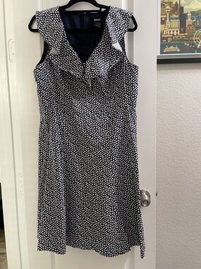 DKNY Navy and White Ruffle-Trim Sleeveless Midi Dress
